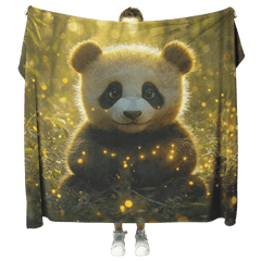 Giant Panda in Lush Bamboo Forest with Glowing Fireflies Soft Golden Sunlight Serene Nature Scene Sherpa Blanket - Awakening Aesthetics