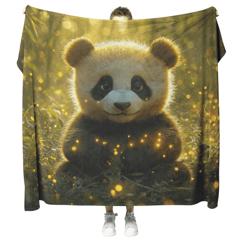 Giant Panda in Lush Bamboo Forest with Glowing Fireflies Soft Golden Sunlight Serene Nature Scene Sherpa Blanket - Awakening Aesthetics