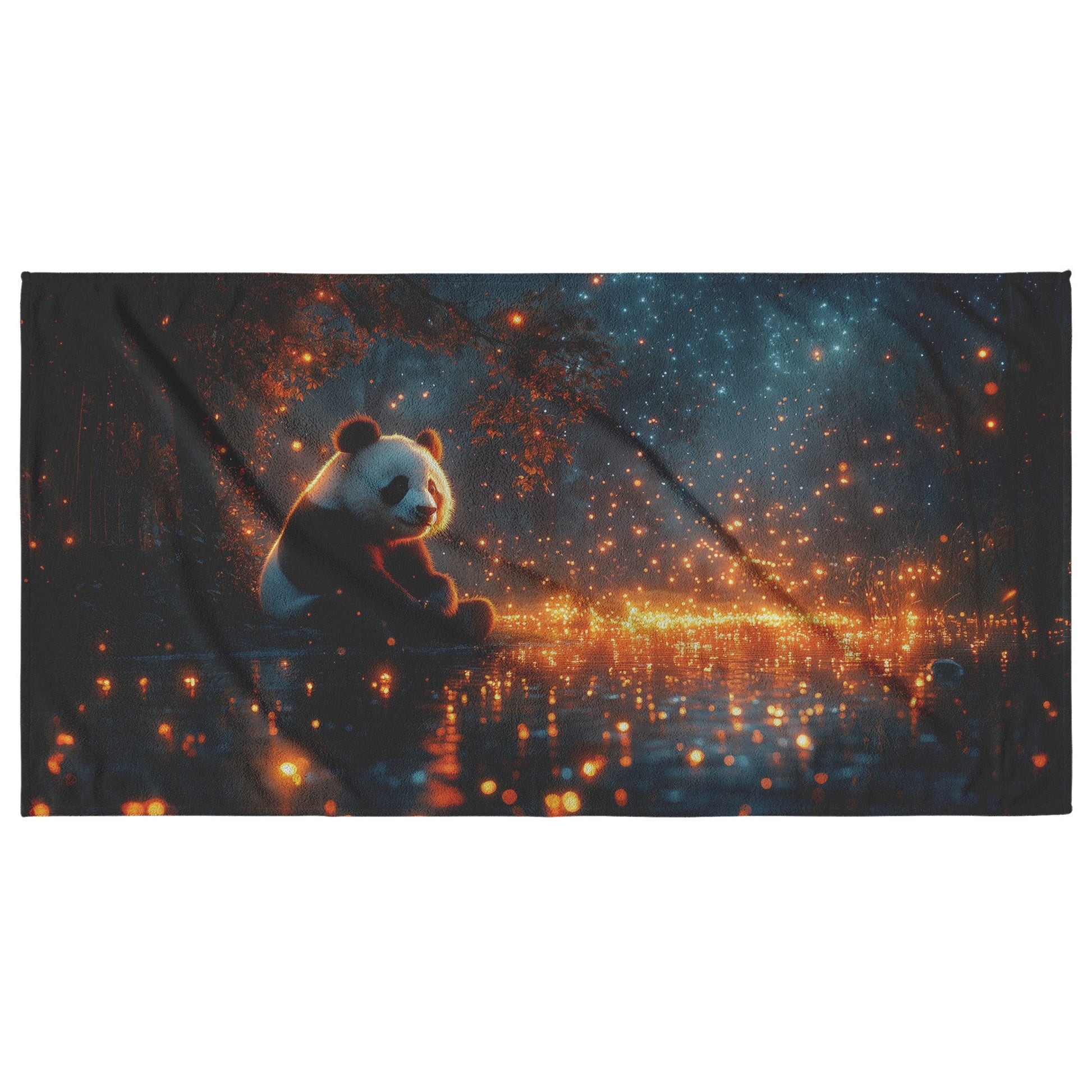 Giant Panda Sitting Near a Bioluminescent Pond Surrounded by Glowing Plants Under a Starry Night Sky Surreal Beach Towel - Awakening Righteousness