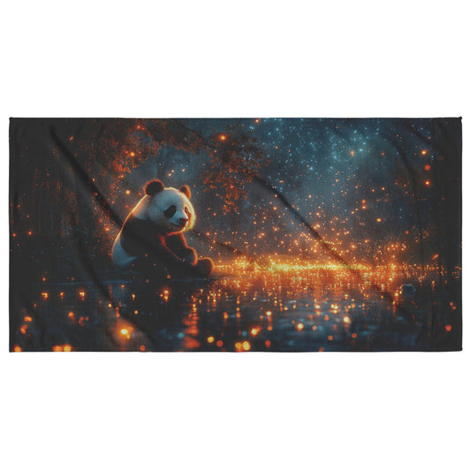 Giant Panda Sitting Near a Bioluminescent Pond Surrounded by Glowing Plants Under a Starry Night Sky Surreal Beach Towel - Awakening Righteousness