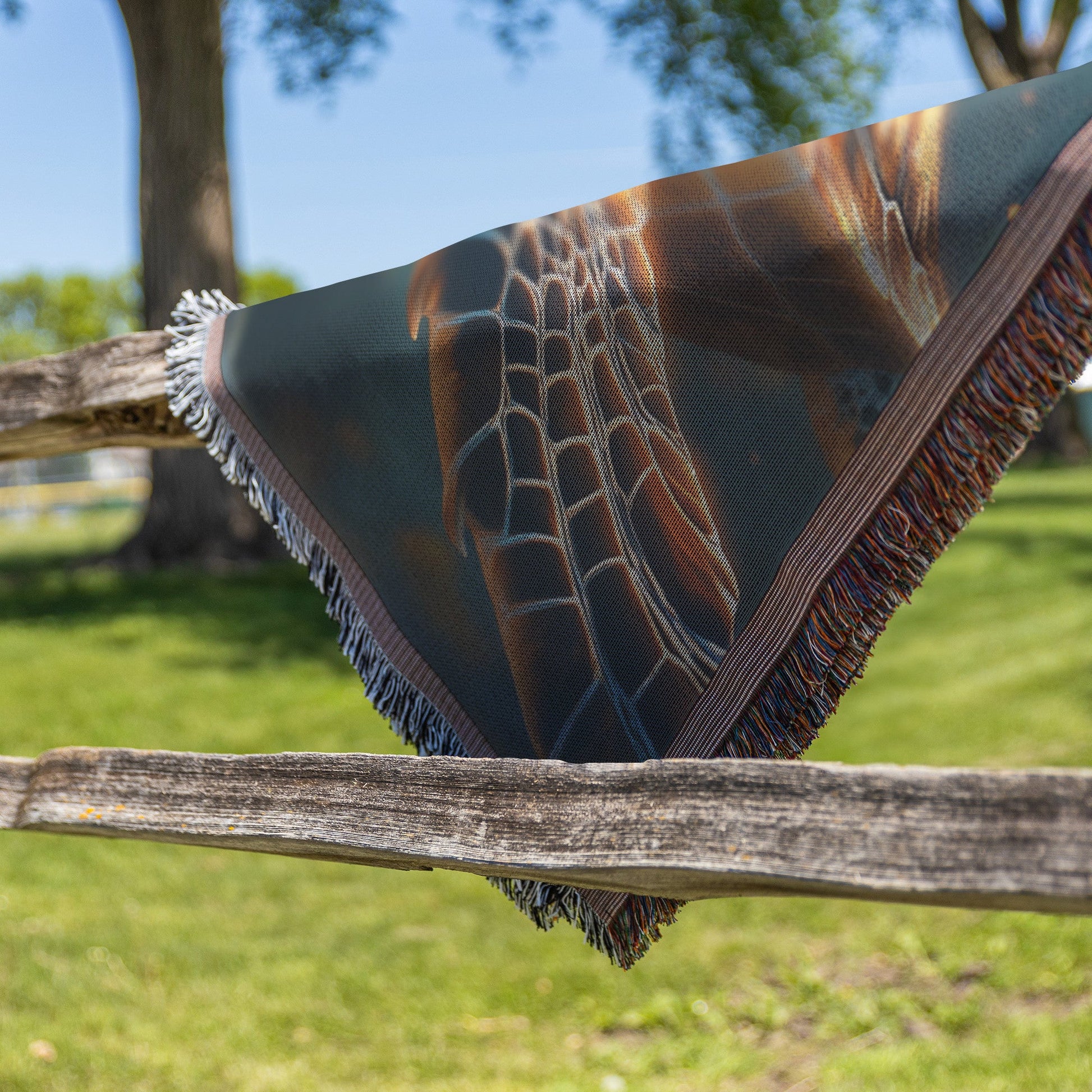 Giant Sea Turtle Swimming Near Glowing Coral Reef Woven Throw Blanket with Shimmering Fish and Golden Sunlight - Awakening Righteousness
