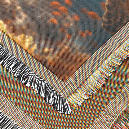 Giant Sea Turtle Swimming Near Glowing Coral Reef Woven Throw Blanket with Shimmering Fish and Golden Sunlight - Awakening Righteousness