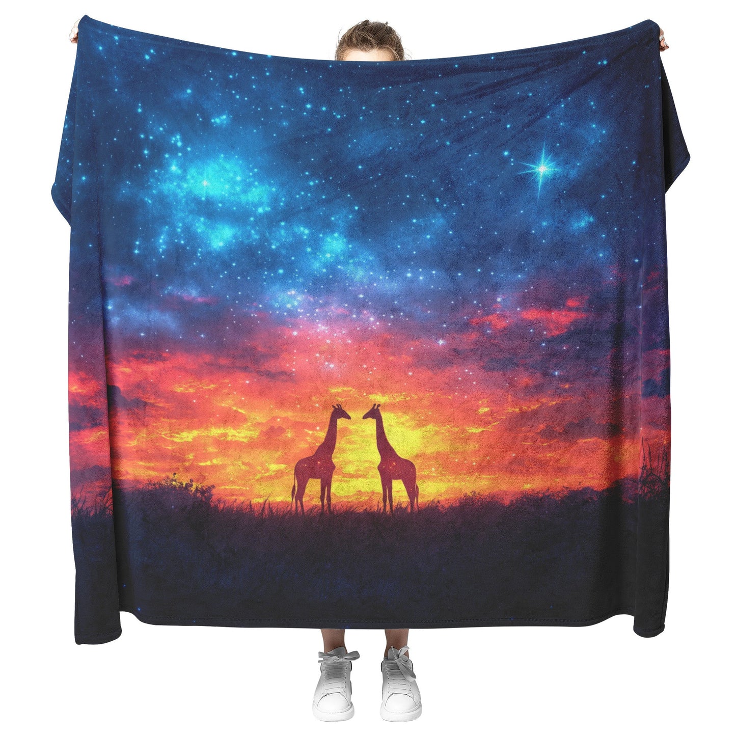 Giraffes Standing Gracefully Under Twilight Sky Filled with Stars Surrounded by Glowing Grasslands Sherpa Blanket - Awakening Righteousness
