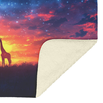 Giraffes Standing Gracefully Under Twilight Sky Filled with Stars Surrounded by Glowing Grasslands Sherpa Blanket - Awakening Righteousness