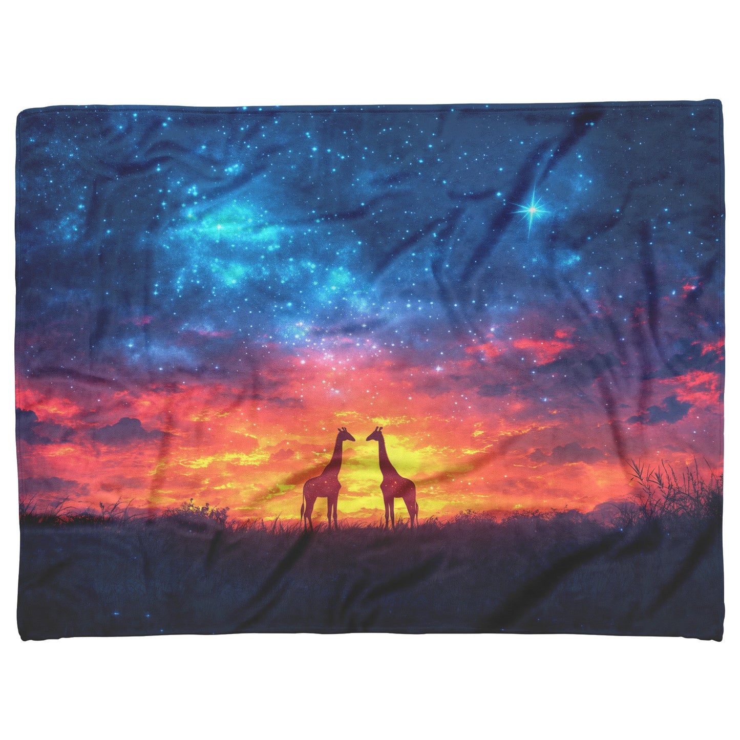 Giraffes Standing Gracefully Under Twilight Sky Filled with Stars Surrounded by Glowing Grasslands Sherpa Blanket - Awakening Righteousness