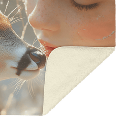 Girl Kissing Fawn in Serene Winter Scene with Falling Snowflakes Cozy Fleece Sherpa Blanket - Awakening Aesthetics