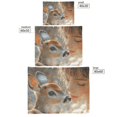 Girl Kissing Fawn in Serene Winter Scene with Falling Snowflakes Cozy Fleece Sherpa Blanket - Awakening Aesthetics