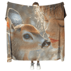 Girl Kissing Fawn in Serene Winter Scene with Falling Snowflakes Cozy Fleece Sherpa Blanket - Awakening Aesthetics
