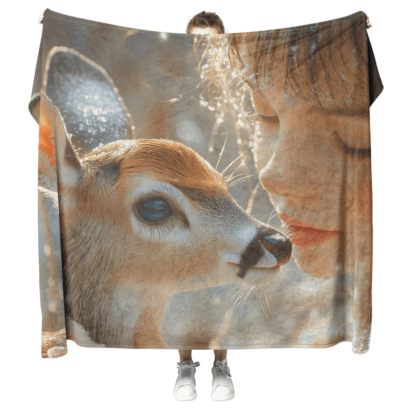Girl Kissing Fawn in Serene Winter Scene with Falling Snowflakes Cozy Fleece Sherpa Blanket - Awakening Aesthetics