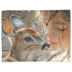 Girl Kissing Fawn in Serene Winter Scene with Falling Snowflakes Cozy Fleece Sherpa Blanket - Awakening Aesthetics