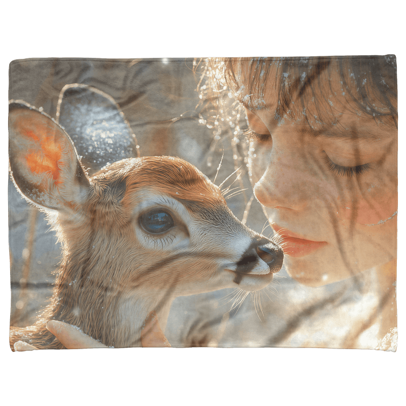 Girl Kissing Fawn in Serene Winter Scene with Falling Snowflakes Cozy Fleece Sherpa Blanket - Awakening Aesthetics