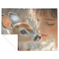 Girl Kissing Fawn in Serene Winter Scene with Falling Snowflakes Cozy Fleece Sherpa Blanket - Awakening Aesthetics