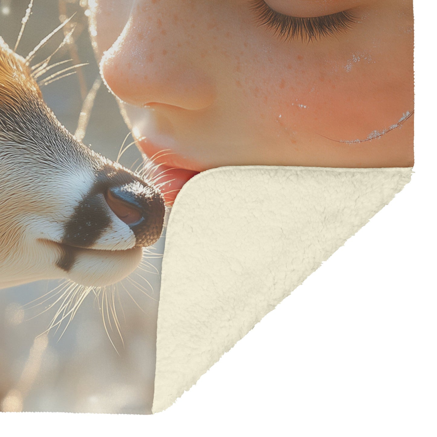 Girl Kissing Fawn in Serene Winter Scene with Falling Snowflakes Cozy Fleece Sherpa Blanket - Awakening Righteousness