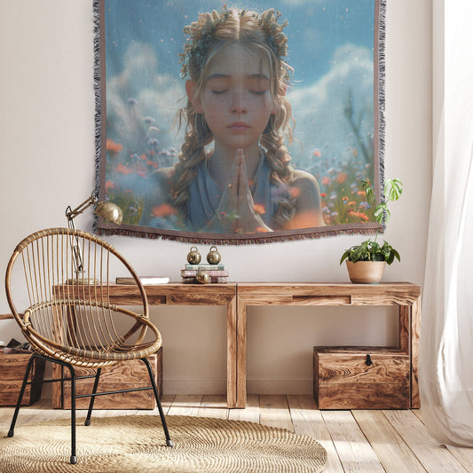 Girl Praying in a Field of Flowers with Soft Breeze Woven Throw Blanket for Home Decor - Awakening Righteousness