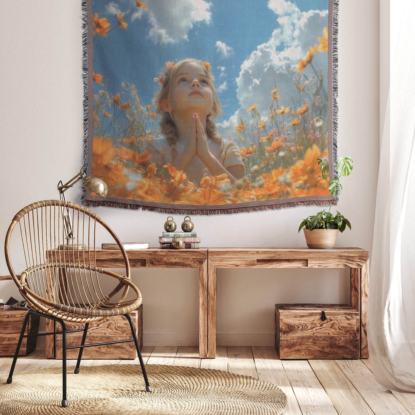 Girl Praying in a Field of Orange Flowers Under a Blue Sky Woven Throw Blanket - Awakening Righteousness