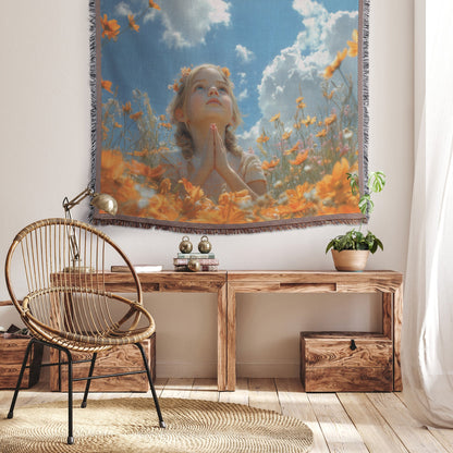 Girl Praying in a Field of Orange Flowers Under a Blue Sky Woven Throw Blanket - Awakening Righteousness