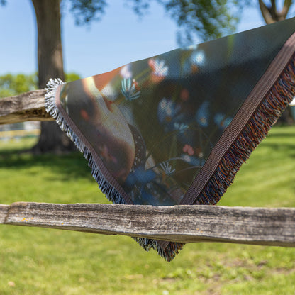 Girl Praying in Floral Meadow Woven Throw Blanket - Awakening Righteousness