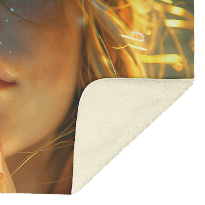 Girl Praying with Glittering Hands and Glowing Golden Background Cozy Christian Fleece Sherpa Blanket - Awakening Righteousness