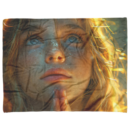 Girl Praying with Glittering Hands and Glowing Golden Background Cozy Christian Fleece Sherpa Blanket - Awakening Righteousness