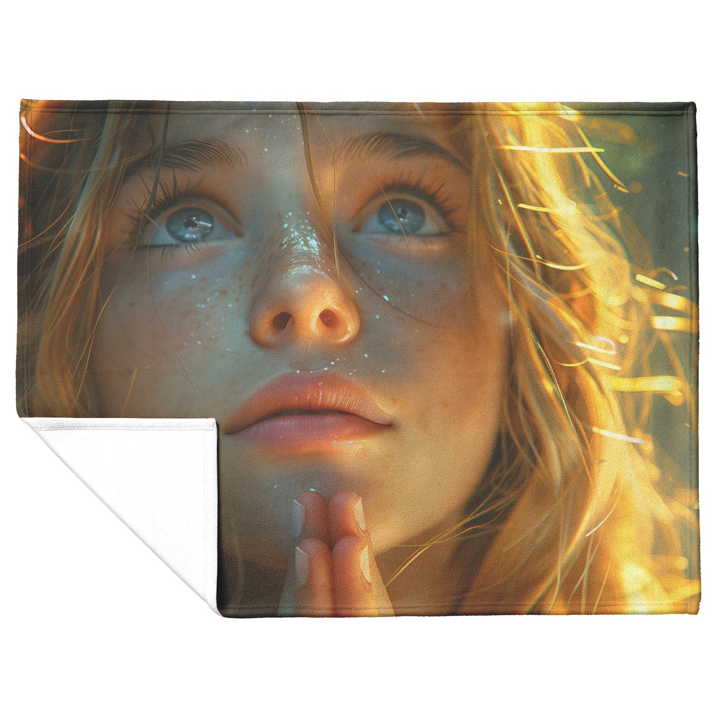 Girl Praying with Glittering Hands and Glowing Golden Background Cozy Christian Fleece Sherpa Blanket - Awakening Righteousness