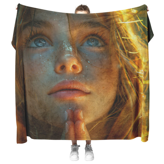 Girl Praying with Glittering Hands and Glowing Golden Background Cozy Christian Fleece Sherpa Blanket - Awakening Righteousness