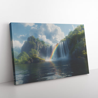 Glorious Double Rainbow Over Majestic Waterfall Lush Green Cliffs Sparkling Sunlight Scenic Canvas Wall Art Decor - Awakening Righteousness