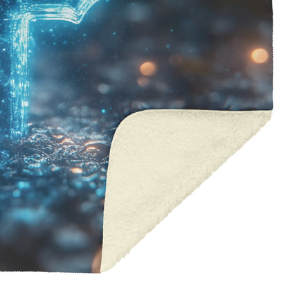 Glowing Blue Cross Fleece Sherpa Blanket Mystical Christian Art Design Cozy Inspirational Home Decor Gift - Awakening Righteousness