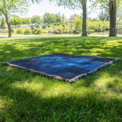 Glowing Blue Cross in Mist Woven Throw Blanket for Inspirational Christian Home Decor and Cozy Comfortv - Awakening Righteousness