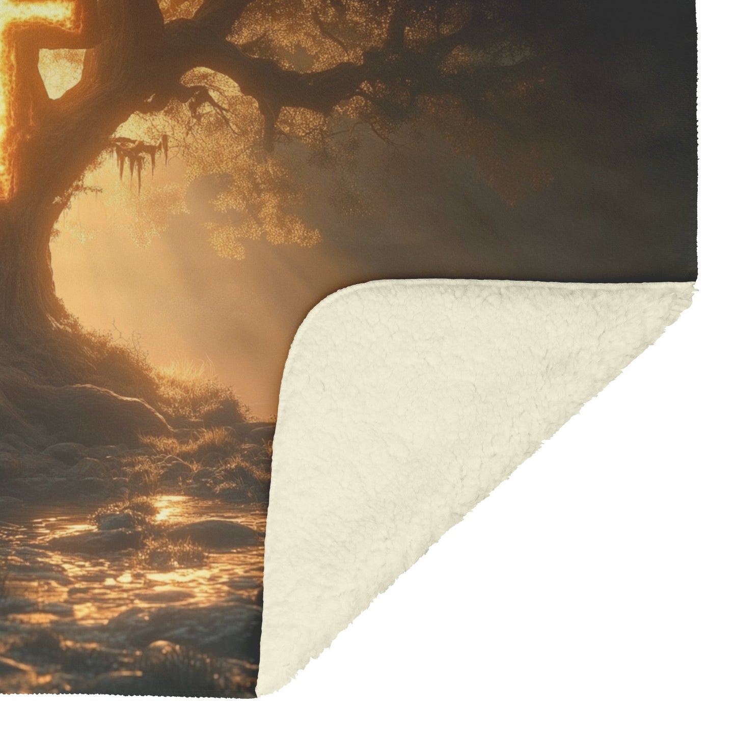 Glowing Cross Embedded in Majestic Tree with Sunlit Forest Fleece Sherpa Blanket Ultra Soft Cozy Perfect for Gift - Awakening Righteousness
