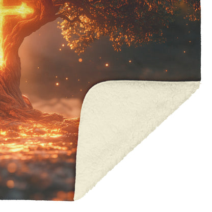 Glowing Cross Embedded in Tree of Life with Radiant Glow Fleece Sherpa Blanket Ultra Soft Cozy Perfect for Home Gift - Awakening Righteousness