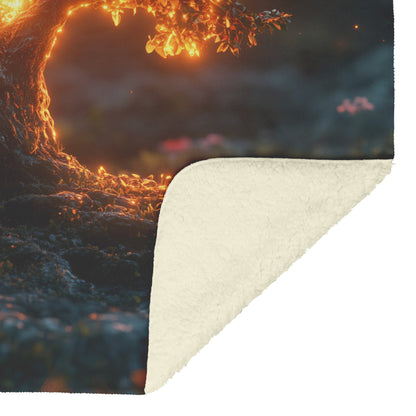 Glowing Cross Illuminated by Tree of Life Fleece Sherpa Blanket Ultra Soft Cozy Perfect for Home Gift - Awakening Righteousness