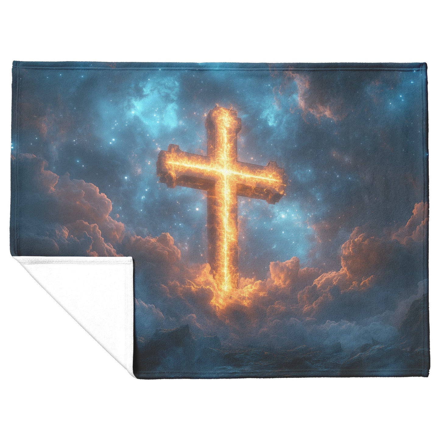 Glowing Cross Illuminating the Sky with Heavenly Clouds Fleece Sherpa Blanket Ultra Soft Cozy Perfect for Home Gift - Awakening Righteousness