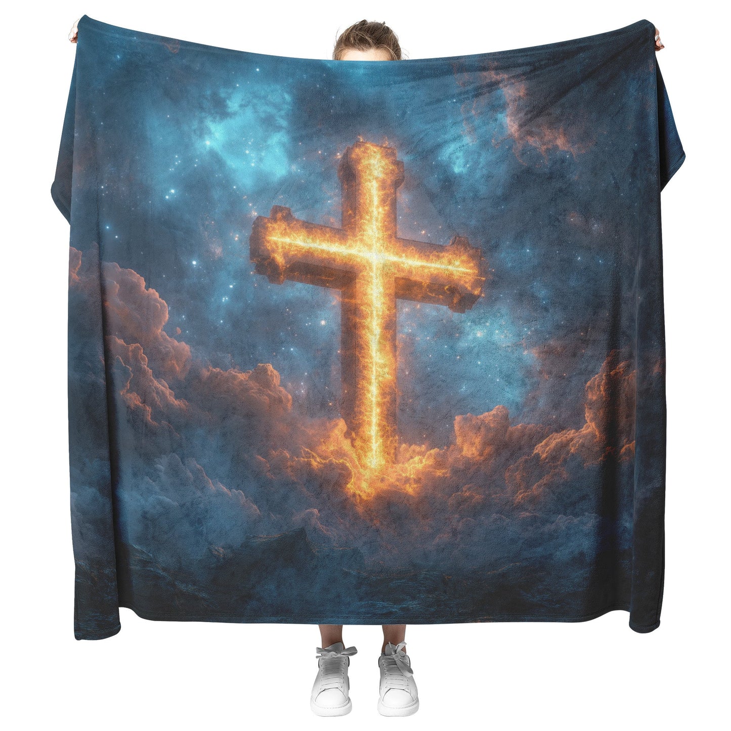 Glowing Cross Illuminating the Sky with Heavenly Clouds Fleece Sherpa Blanket Ultra Soft Cozy Perfect for Home Gift - Awakening Righteousness