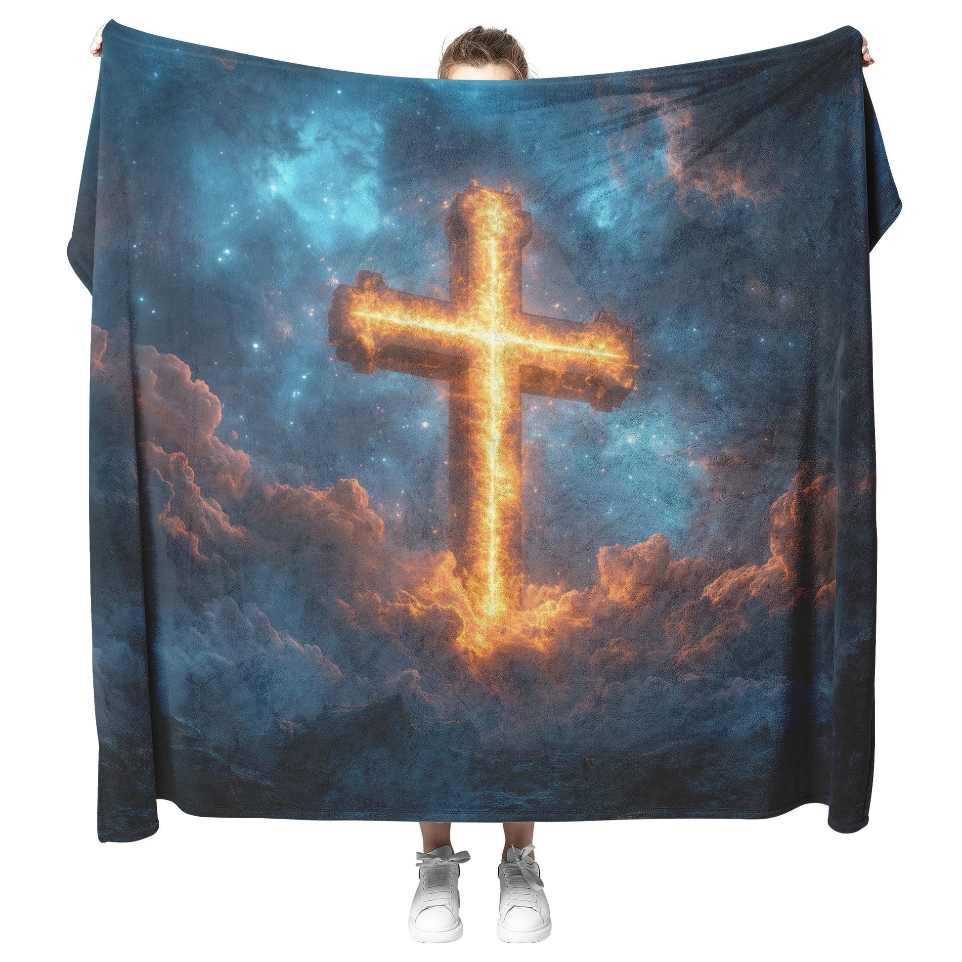 Glowing Cross Illuminating the Sky with Heavenly Clouds Fleece Sherpa Blanket Ultra Soft Cozy Perfect for Home Gift - Awakening Righteousness