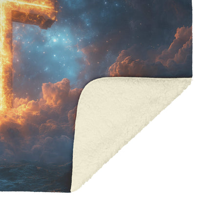 Glowing Cross Illuminating the Sky with Heavenly Clouds Fleece Sherpa Blanket Ultra Soft Cozy Perfect for Home Gift - Awakening Righteousness