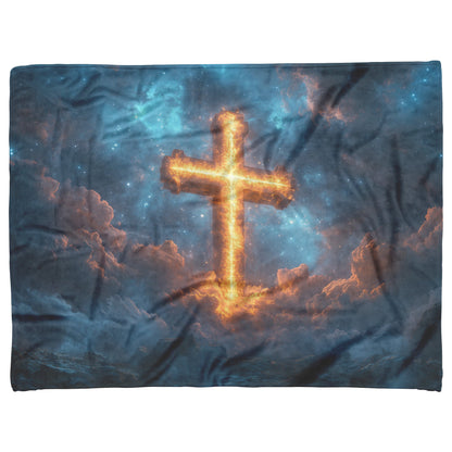 Glowing Cross Illuminating the Sky with Heavenly Clouds Fleece Sherpa Blanket Ultra Soft Cozy Perfect for Home Gift - Awakening Righteousness