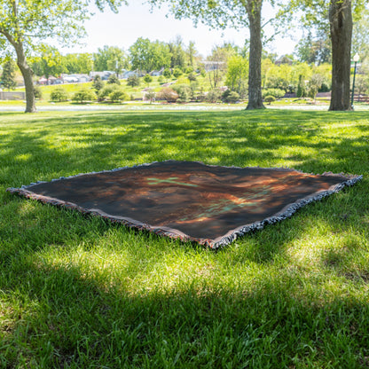 Glowing Cross in Ancient Tree with Fiery Light Woven Throw Blanket for Spiritual Home Decor - Awakening Righteousness