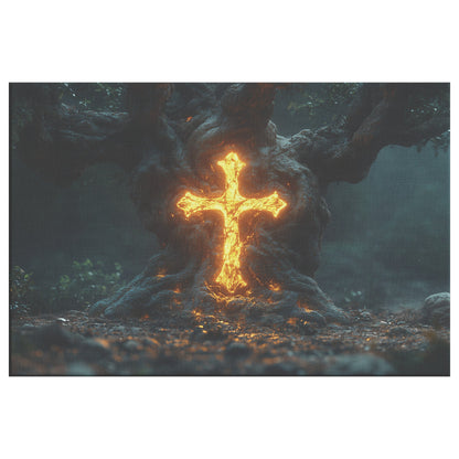 Glowing Cross of Fire Embedded in Ancient Tree Trunk Surrounded by Mystical Forest Canvas Wall Art for Faithful Decor - Awakening Righteousness