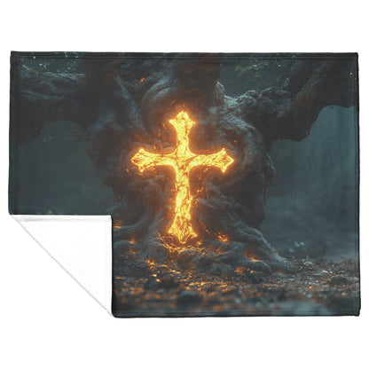 Glowing Cross Within Majestic Tree with Fiery Light Fleece Sherpa Blanket Ultra Soft Cozy Perfect for Home Gift - Awakening Righteousness