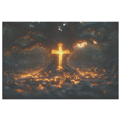 Glowing Cross Within Tree of Life Christian Canvas Wall Art Decor for Faith and Spiritual Reflection - Awakening Righteousness