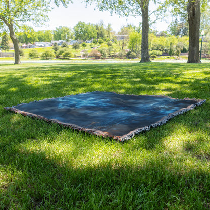 Glowing Ice Cross Surrounded by Mist and Light Woven Throw Blanket for Spiritual Home Decor - Awakening Righteousness