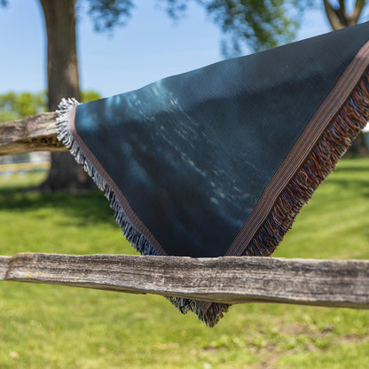 Glowing Ice Cross Surrounded by Mist and Light Woven Throw Blanket for Spiritual Home Decor - Awakening Righteousness