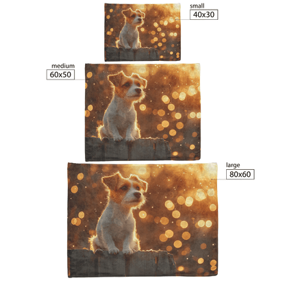 Glowing Parson Russell Terrier Sitting by Rustic Wooden Fence Surrounded by Stars and Cascading Silver Light Fleece Sherpa Blanket - Awakening Righteousness