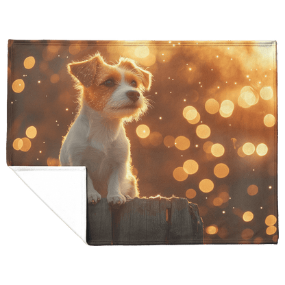 Glowing Parson Russell Terrier Sitting by Rustic Wooden Fence Surrounded by Stars and Cascading Silver Light Fleece Sherpa Blanket - Awakening Righteousness