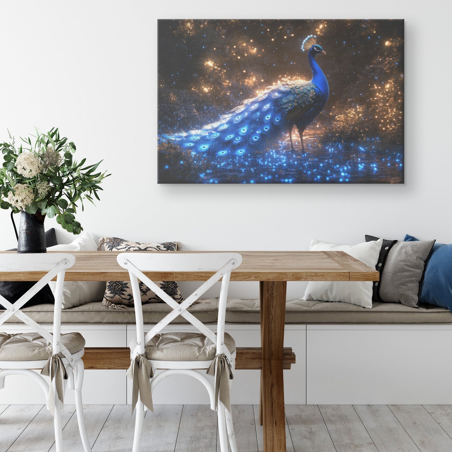 Glowing Peacock in Bioluminescent Forest Surrounded by Shimmering Plants and Ethereal Blue Light Canvas Wall Art - Awakening Righteousness