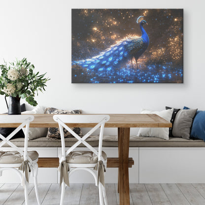 Glowing Peacock in Bioluminescent Forest Surrounded by Shimmering Plants and Ethereal Blue Light Canvas Wall Art - Awakening Righteousness
