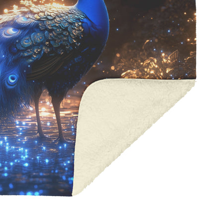 Glowing Peacock in Bioluminescent Forest Surrounded by Shimmering Plants and Ethereal Blue Light Fleece Sherpa Blanket - Awakening Righteousness
