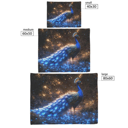 Glowing Peacock in Bioluminescent Forest Surrounded by Shimmering Plants and Ethereal Blue Light Fleece Sherpa Blanket - Awakening Righteousness