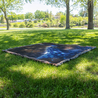 Glowing Peacock in Bioluminescent Forest with Shimmering Plants and Ethereal Blue Light Woven Throw Blanket - Awakening Righteousness