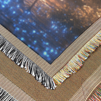 Glowing Peacock in Bioluminescent Forest with Shimmering Plants and Ethereal Blue Light Woven Throw Blanket - Awakening Righteousness